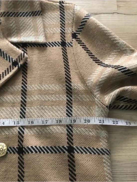 Anne Klein Tan Plaid Double-Breasted Pea Coat Cardigan Shacket - Picture 8 of 9